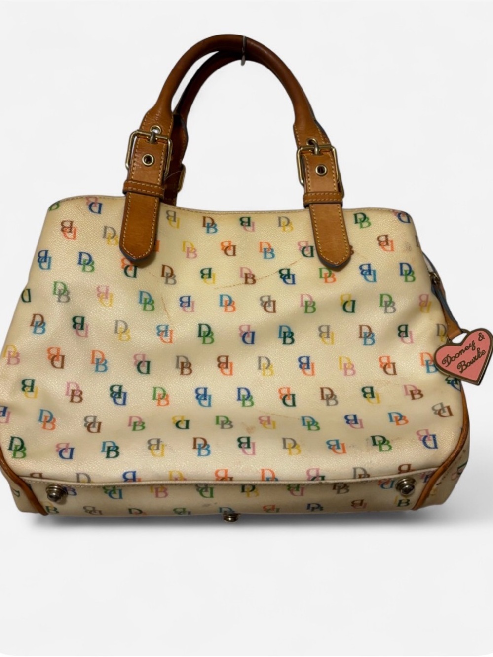 Dooney & Bourke Multicolor DB Logo Satchel Bag - Cream with Tan Trim